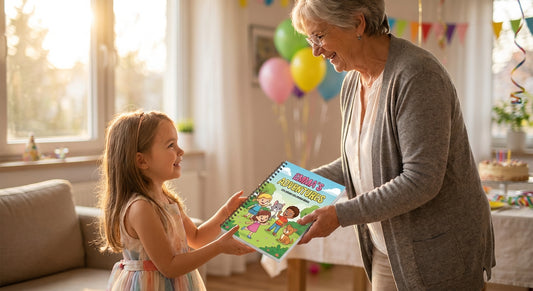 Grandmother giving personalized coloring book as birthday gift to excited child
